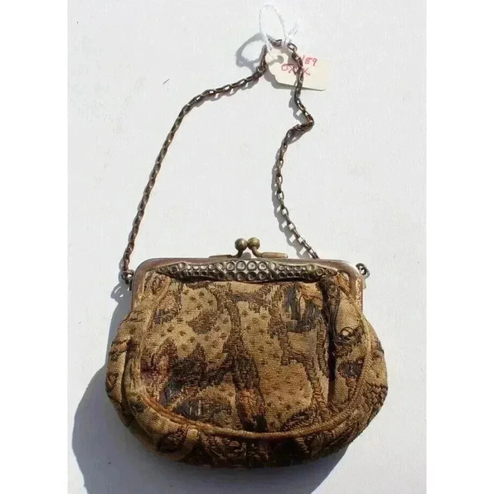 Antique Vintage 1900s Victorian Art Nouveau Mini Purse Coin Purse W/ Chain - Picture 2 of 3